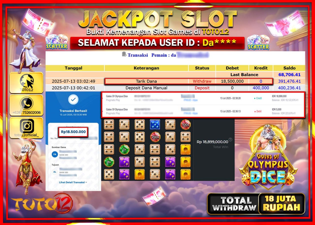 HANYA DI TOTO12 JP PASTI DI BAYAR LUNAS DAN CEPAT!!!!!! JACKPOT SLOT GAME (GATES OF OLYMPUS DICE) Rp.18.000.000 !!!!