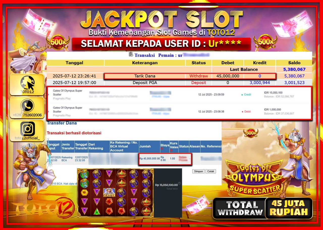 HANYA DI TOTO12 JP PASTI DI BAYAR LUNAS DAN CEPAT!!!!!! JACKPOT SLOT GAME (GATES OF OLYMPUS SUPER SCATTER) Rp.45.000.000 !!!!