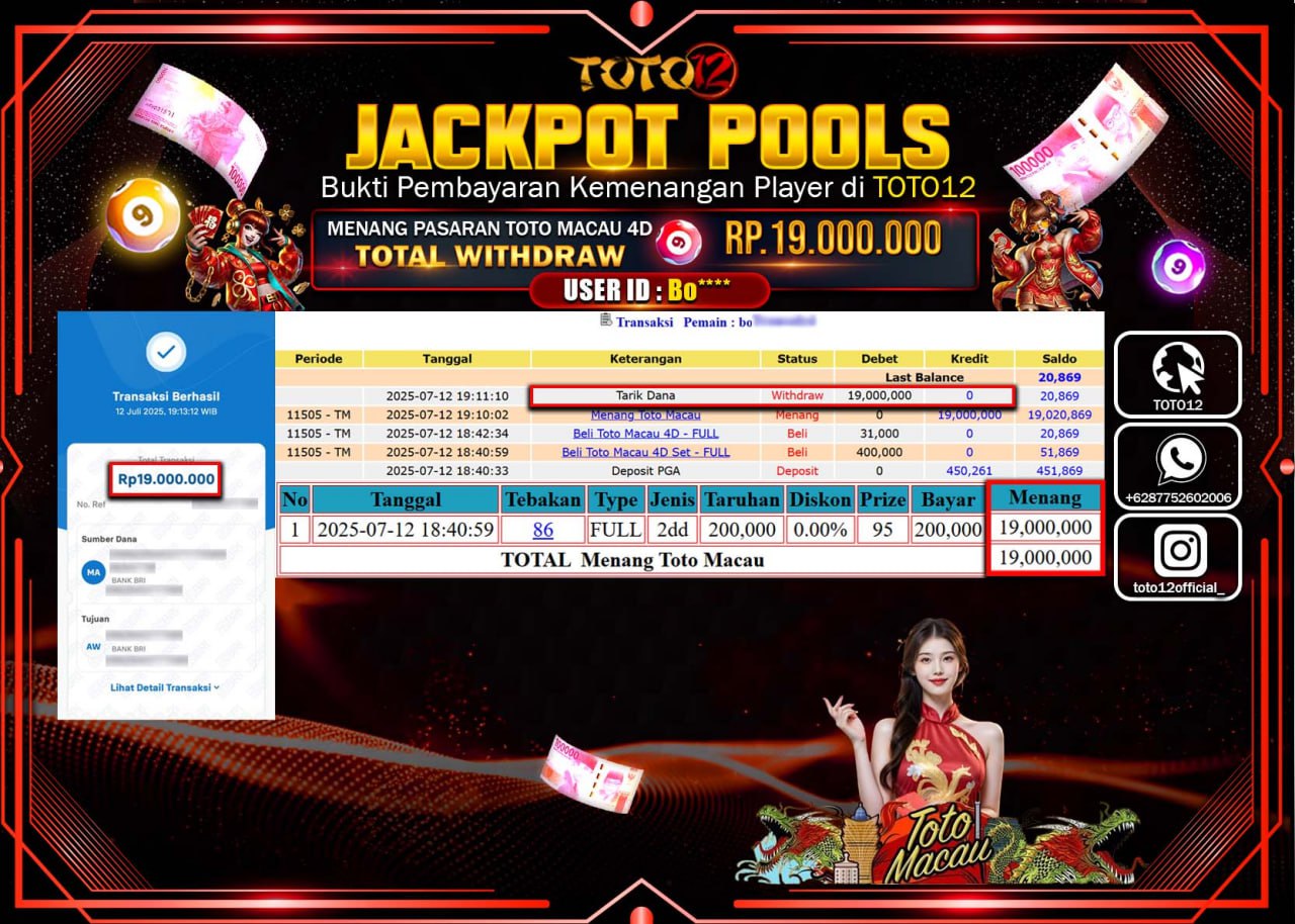 HANYA DI TOTO12 JP PASTI DI BAYAR LUNAS DAN CEPAT!!!!!! JACKPOT POOLS PASARAN (MACAU4D) Rp.19.000.000 !!!!