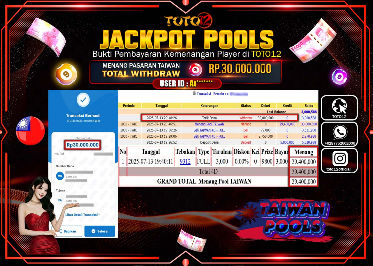 HANYA DI TOTO12 JP PASTI DI BAYAR LUNAS DAN CEPAT!!!!!! JACKPOT POOLS PASARAN (TAIWAN) Rp.30.000.000 !!!!