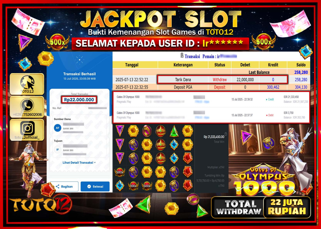 HANYA DI TOTO12 JP PASTI DI BAYAR LUNAS DAN CEPAT!!!!!! JACKPOT SLOT GAME (GATES OF OLYMPUS 1000) Rp.22.000.000 !!!!