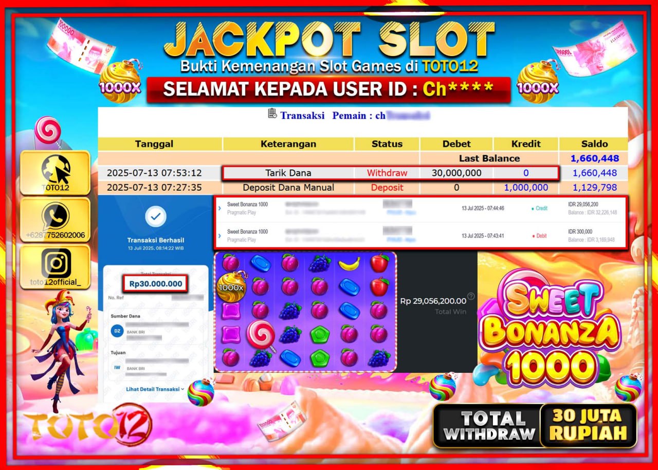 HANYA DI TOTO12 JP PASTI DI BAYAR LUNAS DAN CEPAT!!!!!! JACKPOT SLOT GAME (SWEET BONANZA 1000) Rp.30.000.000 !!!!