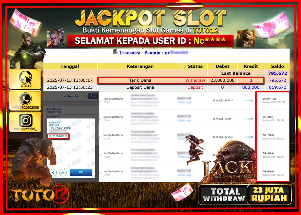 HANYA DI TOTO12 JP PASTI DI BAYAR LUNAS DAN CEPAT!!!!!! JACKPOT SLOT GAME (JACK THE GLANT HUNTER) Rp.23.000.000 !!!!