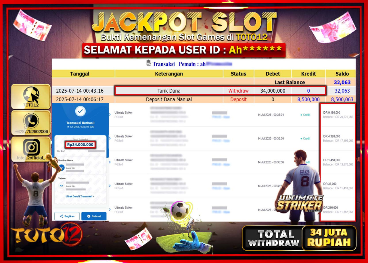 HANYA DI TOTO12 JP PASTI DI BAYAR LUNAS DAN CEPAT!!!!!! JACKPOT SLOT GAME (ULTIMATE STRIKER) Rp.34.000.000 !!!!