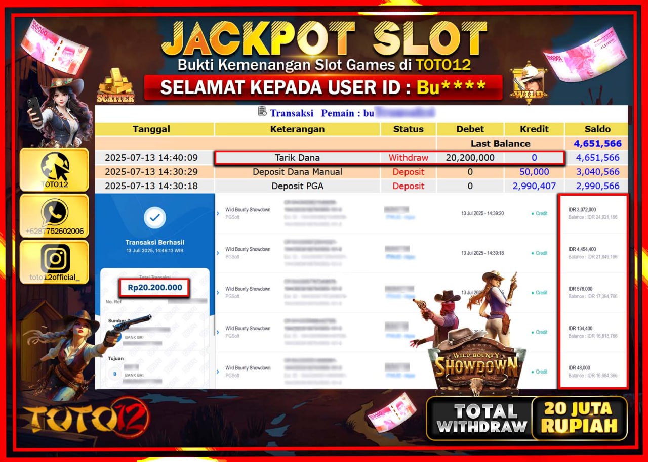 HANYA DI TOTO12 JP PASTI DI BAYAR LUNAS DAN CEPAT!!!!!! JACKPOT SLOT GAME (WILD BOUNTY SHOWDOWN) Rp.20.000.000 !!!!