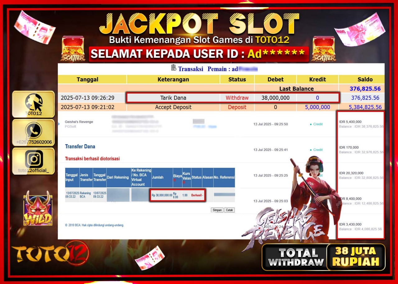HANYA DI TOTO12 JP PASTI DI BAYAR LUNAS DAN CEPAT!!!!!! JACKPOT SLOT GAME (GEISHAS REVENGE) Rp.38.000.000 !!!!