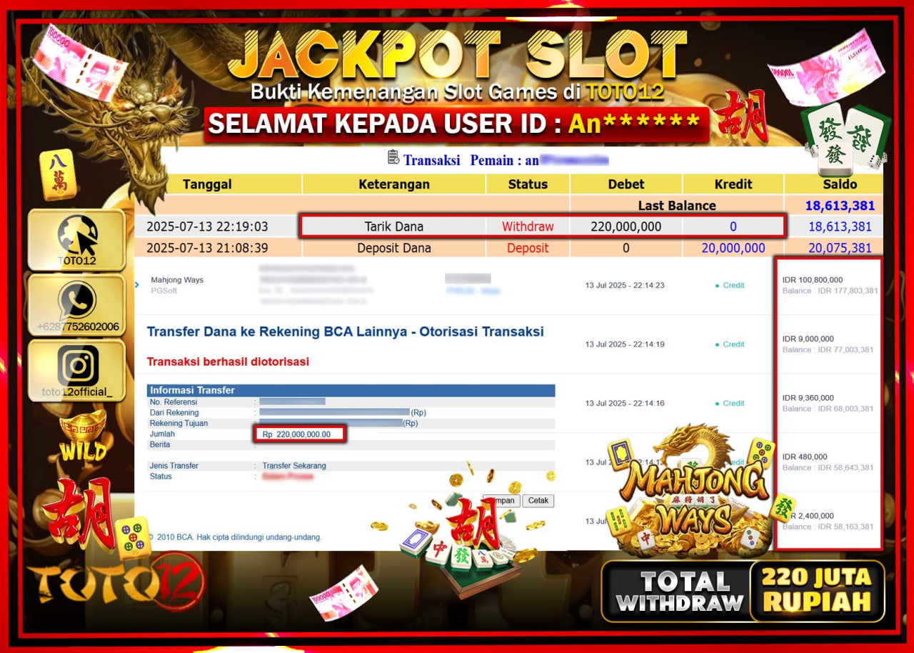 HANYA DI TOTO12 JP PASTI DI BAYAR LUNAS DAN CEPAT!!!!!! JACKPOT SLOT GAME (MAHJONG WAYS) Rp.220.000.000 !!!!