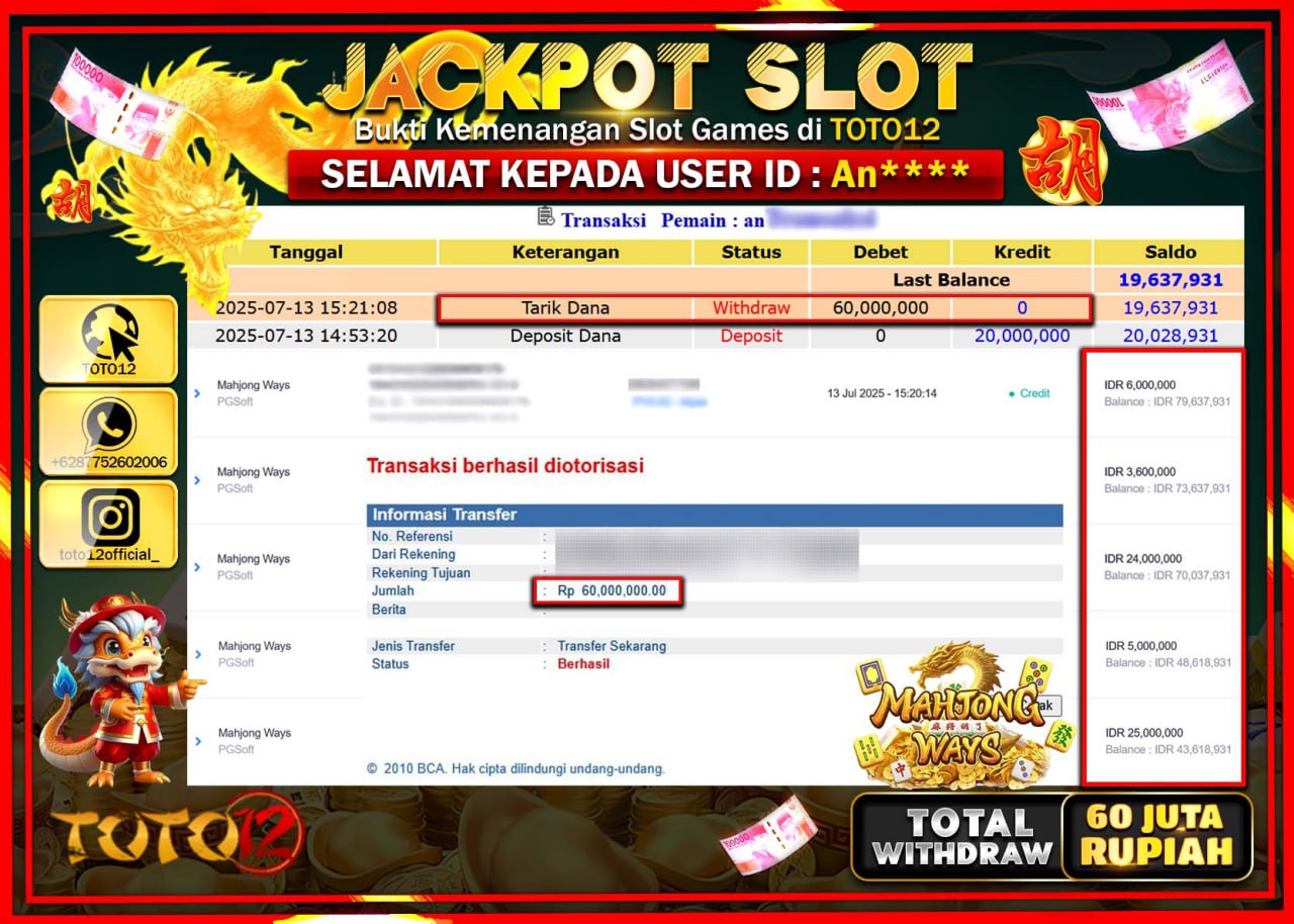 HANYA DI TOTO12 JP PASTI DI BAYAR LUNAS DAN CEPAT!!!!!! JACKPOT SLOT GAME (MAHJONG WAYS) Rp.60.000.000 !!!!