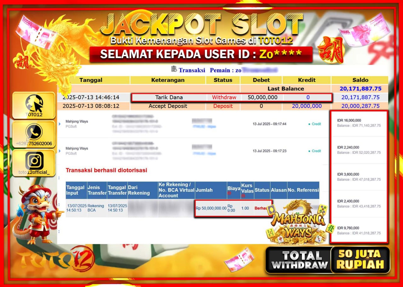 HANYA DI TOTO12 JP PASTI DI BAYAR LUNAS DAN CEPAT!!!!!! JACKPOT SLOT GAME (MAHJONG WAYS) Rp.50.000.000 !!!!