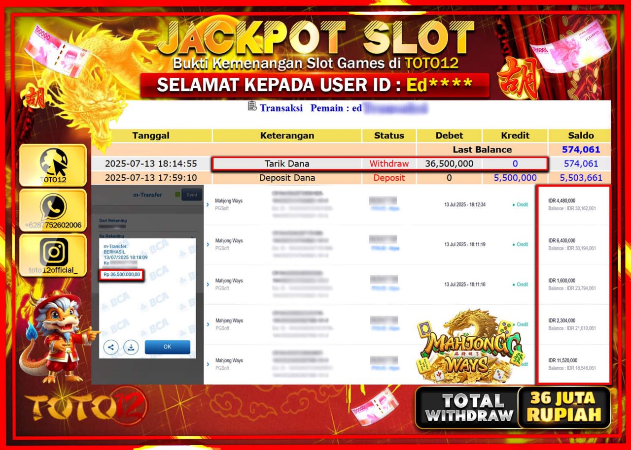 HANYA DI TOTO12 JP PASTI DI BAYAR LUNAS DAN CEPAT!!!!!! JACKPOT SLOT GAME (MAHJONG WAYS) Rp.36.000.000 !!!!
