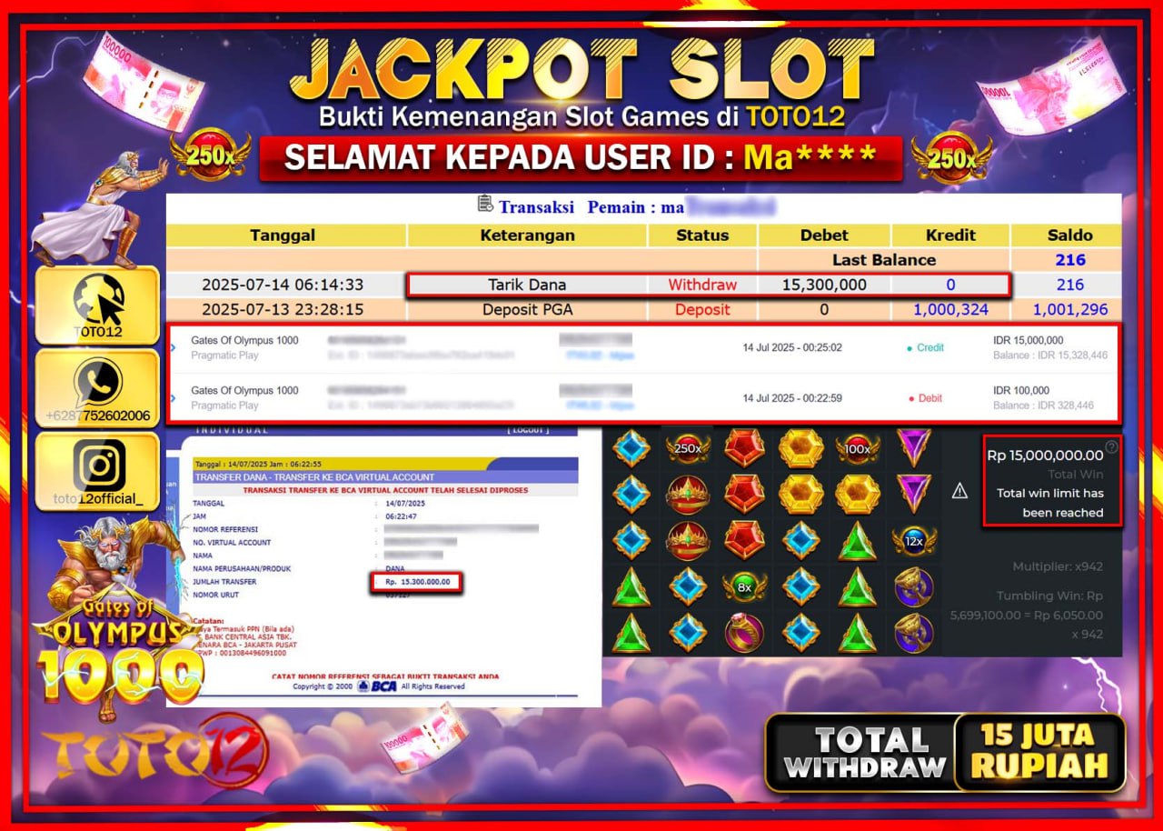HANYA DI TOTO12 JP PASTI DI BAYAR LUNAS DAN CEPAT!!!!!! JACKPOT SLOT GAME (GATES OF OLYMPUS 1000) Rp.15.000.000 !!!!
