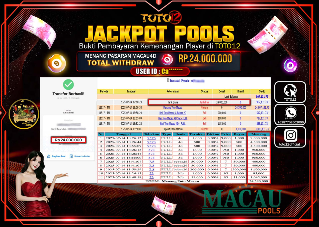 HANYA DI TOTO12 JP PASTI DI BAYAR LUNAS DAN CEPAT!!!!!! JACKPOT POOLS PASARAN (MACAU4D) Rp.24.000.000 !!!!
