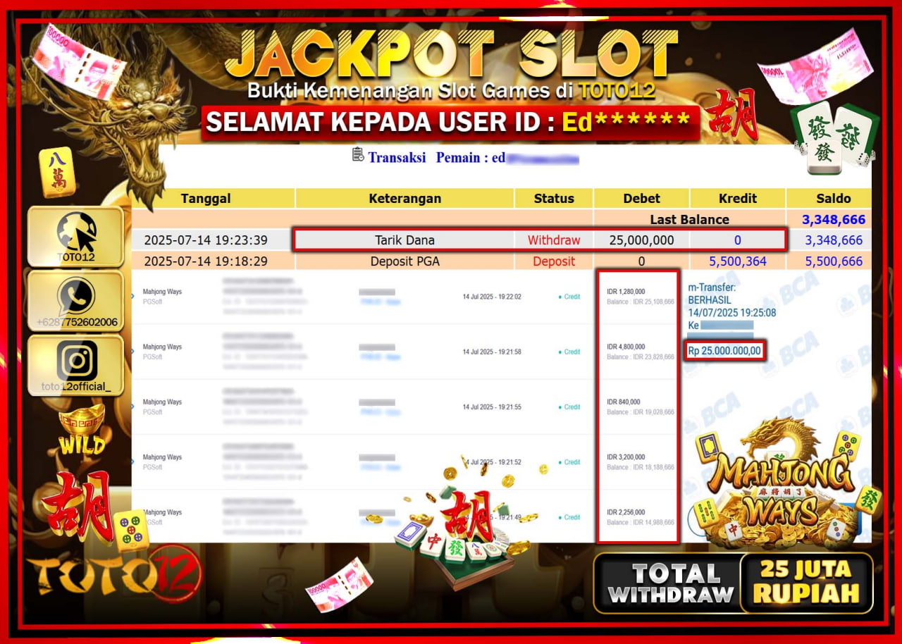 HANYA DI TOTO12 JP PASTI DI BAYAR LUNAS DAN CEPAT!!!!!! JACKPOT SLOT GAME (MAHJONG WAYS) Rp.25.000.000 !!!!