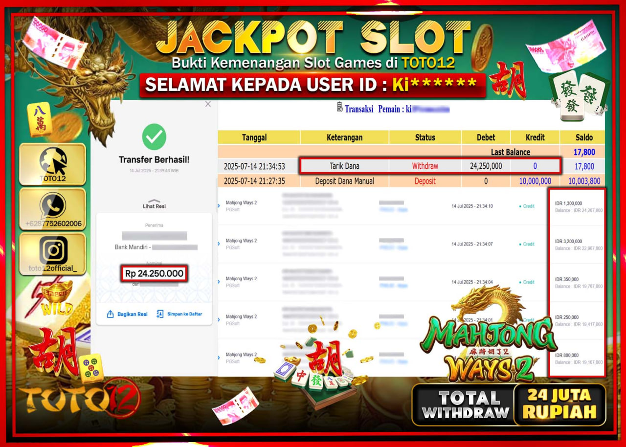 HANYA DI TOTO12 JP PASTI DI BAYAR LUNAS DAN CEPAT!!!!!! JACKPOT SLOT GAME (MAHJONG WAYS 2) Rp.24.000.000 !!!!