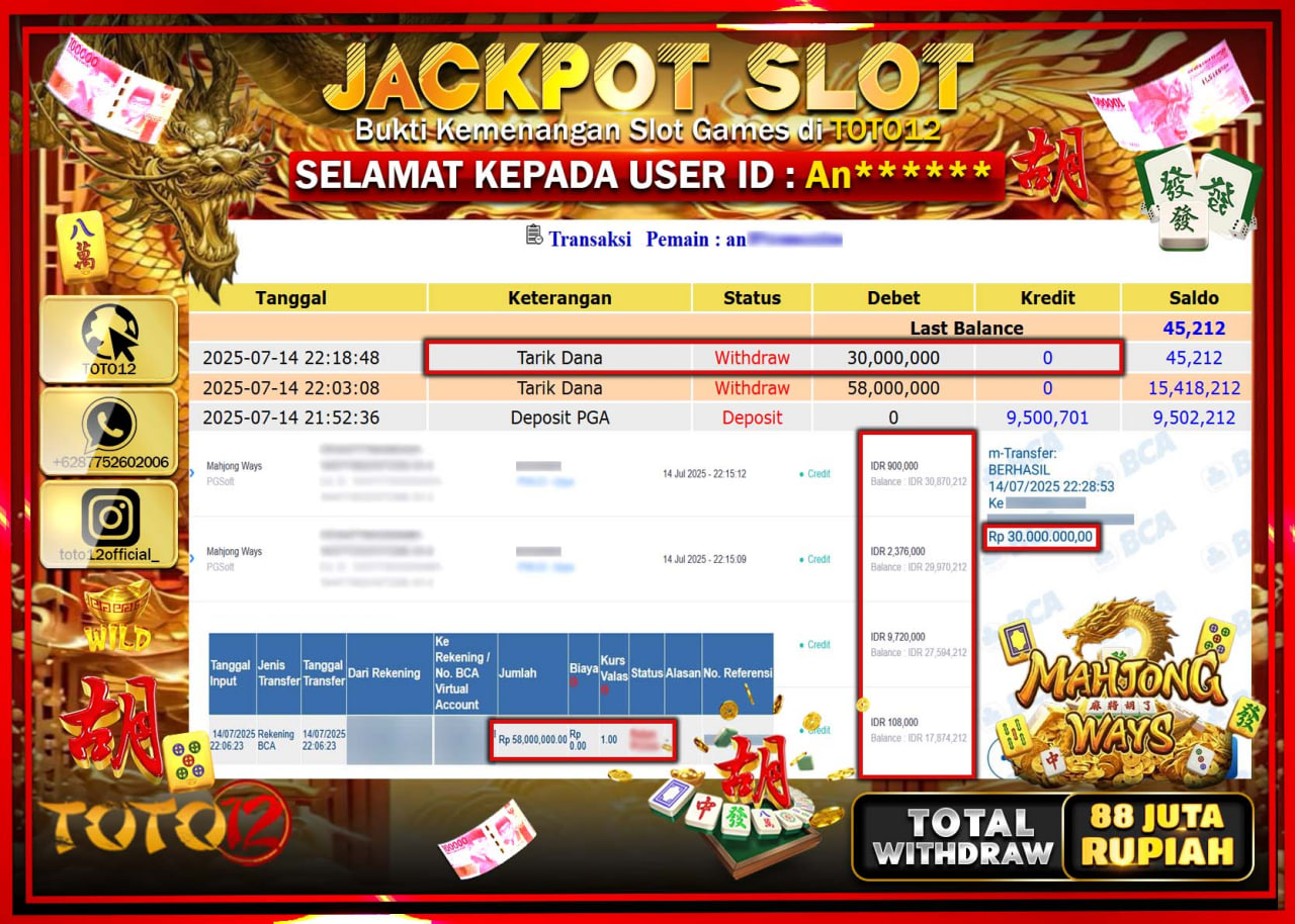HANYA DI TOTO12 JP PASTI DI BAYAR LUNAS DAN CEPAT!!!!!! JACKPOT SLOT GAME (MAHJONG WAYS) Rp.88.000.000 !!!!