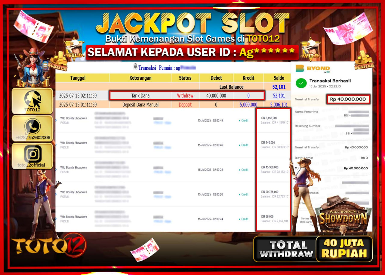 HANYA DI TOTO12 JP PASTI DI BAYAR LUNAS DAN CEPAT!!!!!! JACKPOT SLOT GAME (WILD BOUNTY SHOWDOWN) Rp.40.000.000 !!!!