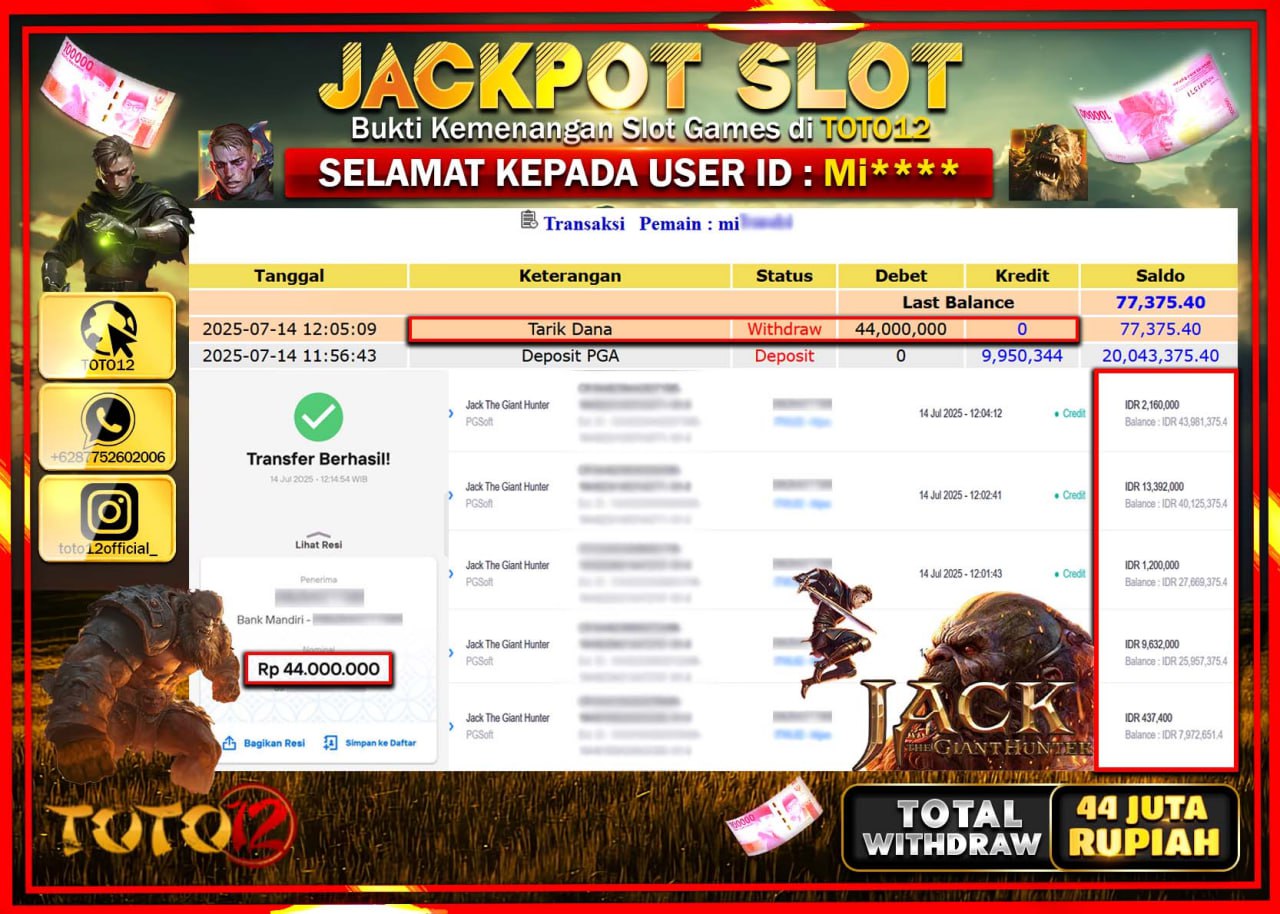 HANYA DI TOTO12 JP PASTI DI BAYAR LUNAS DAN CEPAT!!!!!! JACKPOT SLOT GAME (JACK THE GLANT HUNTER) Rp.44.000.000 !!!!