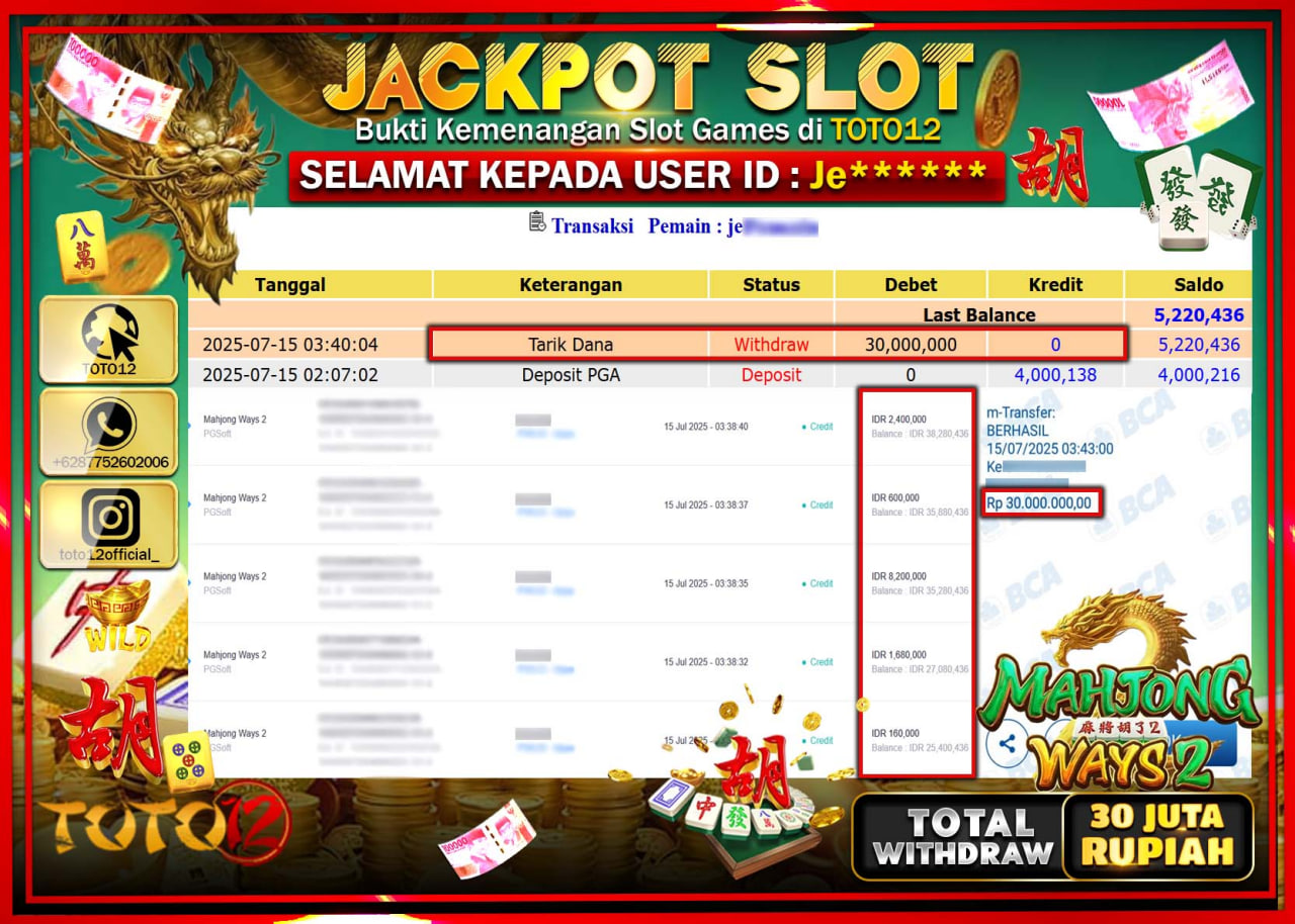 HANYA DI TOTO12 JP PASTI DI BAYAR LUNAS DAN CEPAT!!!!!! JACKPOT SLOT GAME (MAHJONG WAYS 2) Rp.30.000.000 !!!!