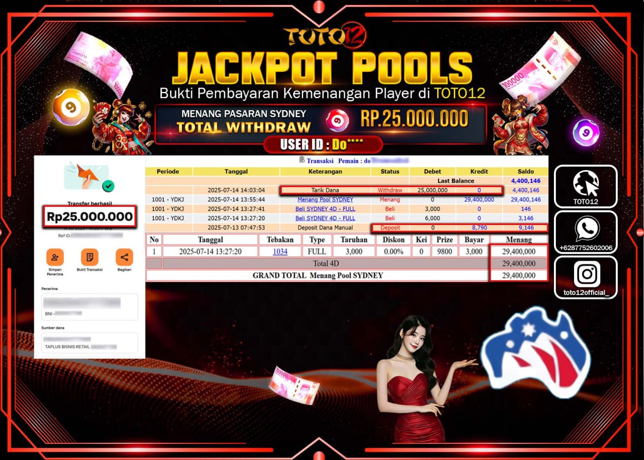 HANYA DI TOTO12 JP PASTI DI BAYAR LUNAS DAN CEPAT!!!!!! JACKPOT POOLS PASARAN (SYDNEY) Rp.25.000.000 !!!!