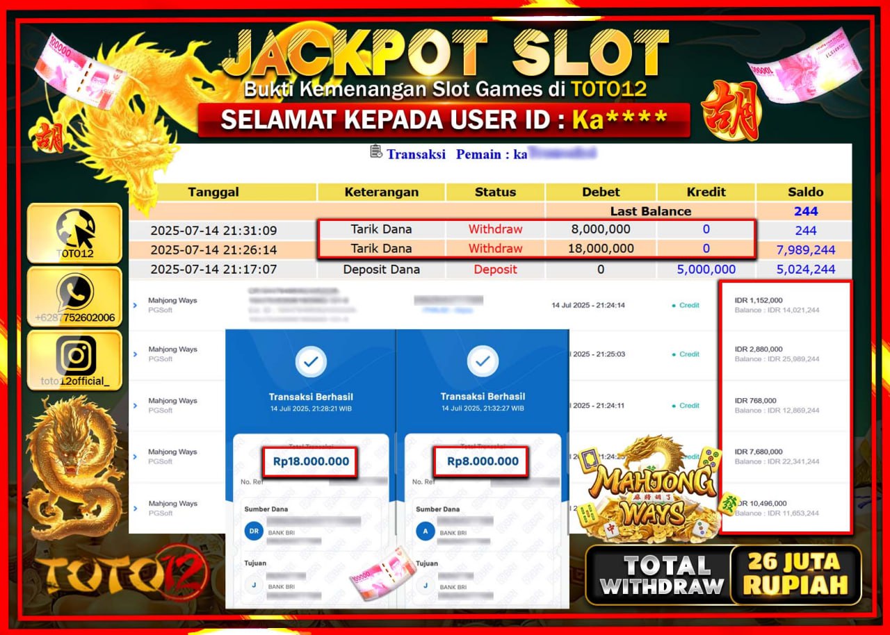 HANYA DI TOTO12 JP PASTI DI BAYAR LUNAS DAN CEPAT!!!!!! JACKPOT SLOT GAME (MAHJONG WAYS) Rp.26.000.000 !!!!