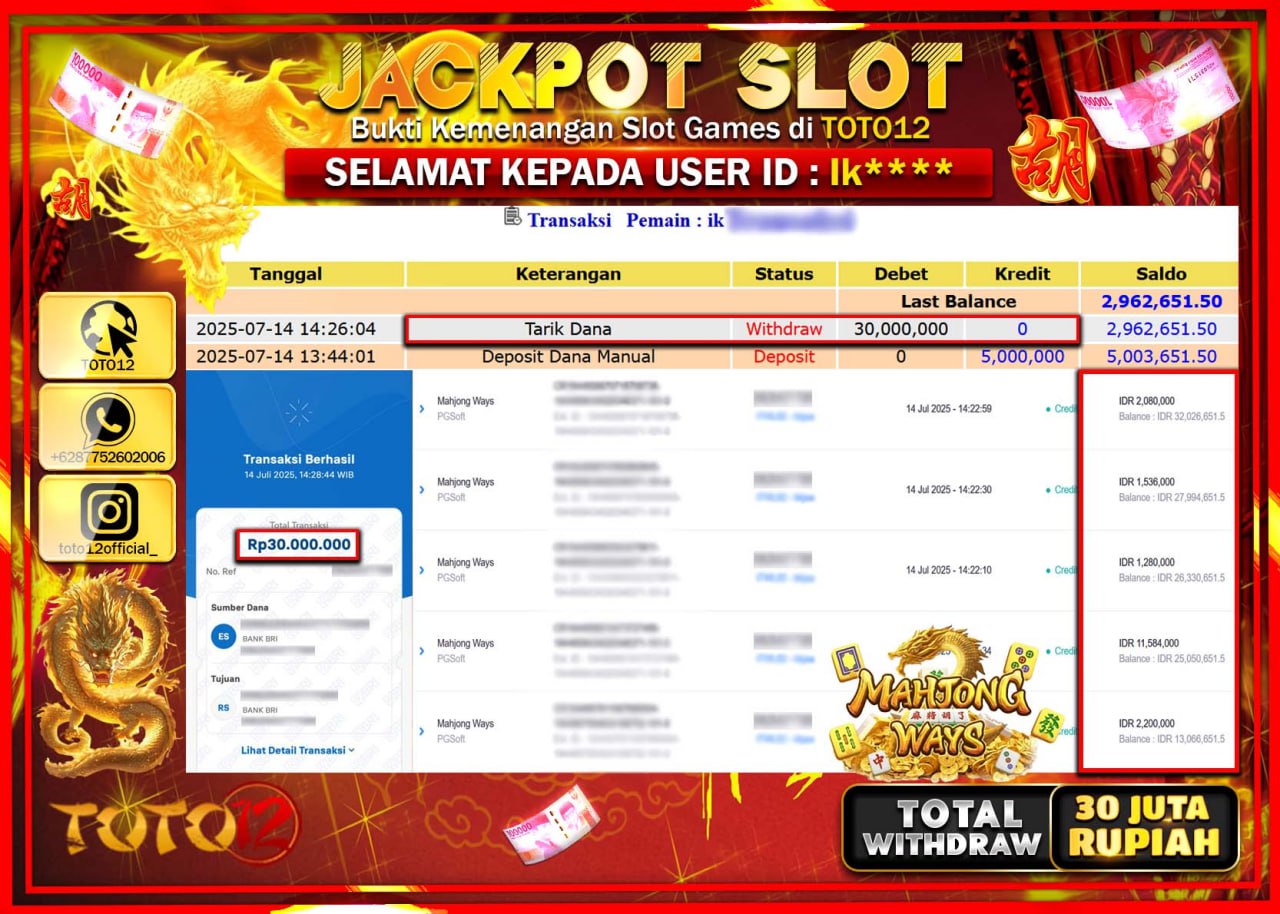 HANYA DI TOTO12 JP PASTI DI BAYAR LUNAS DAN CEPAT!!!!!! JACKPOT SLOT GAME (MAHJONG WAYS) Rp.30.000.000 !!!!
