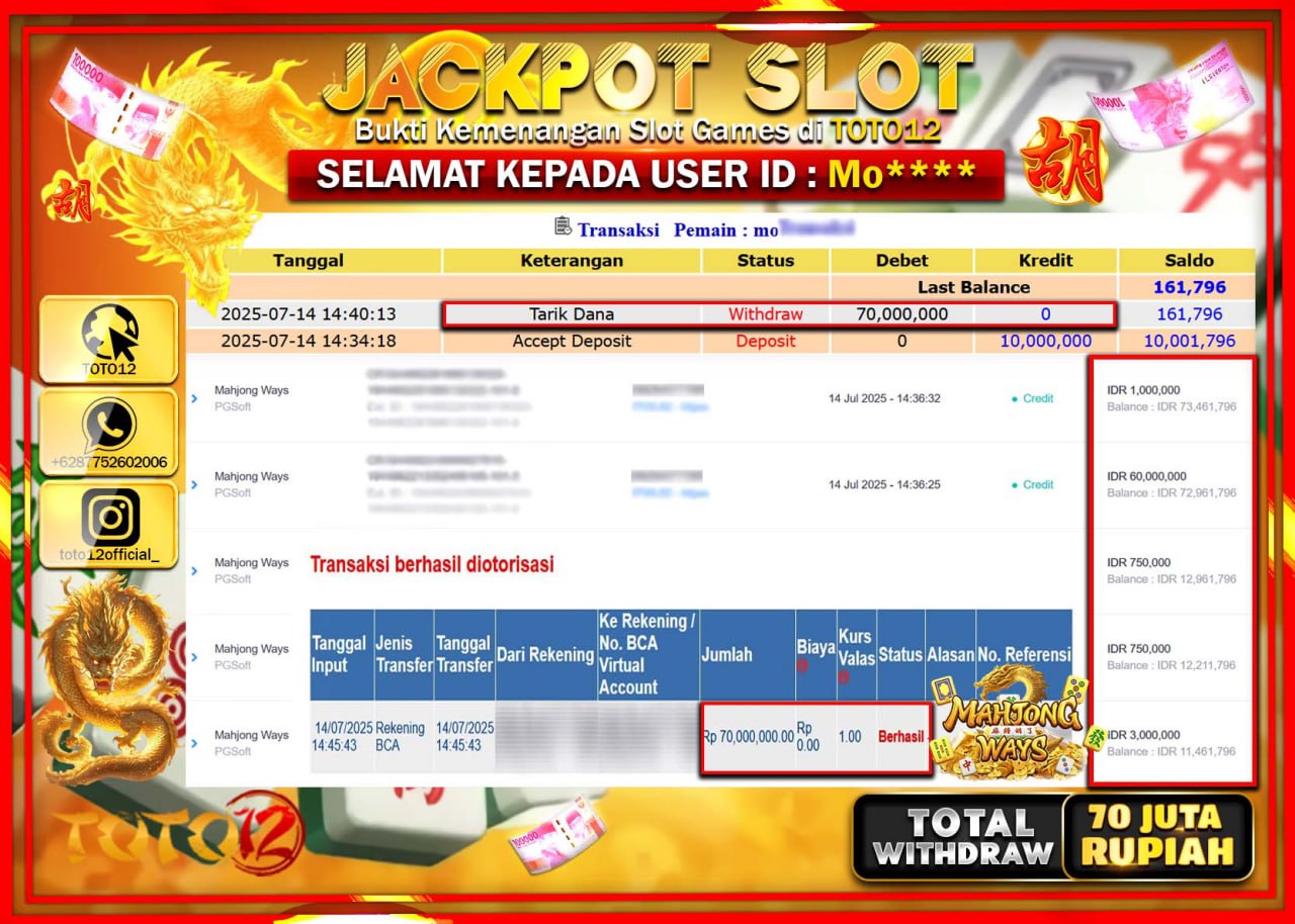 HANYA DI TOTO12 JP PASTI DI BAYAR LUNAS DAN CEPAT!!!!!! JACKPOT SLOT GAME (MAHJONG WAYS) Rp.70.000.000 !!!!