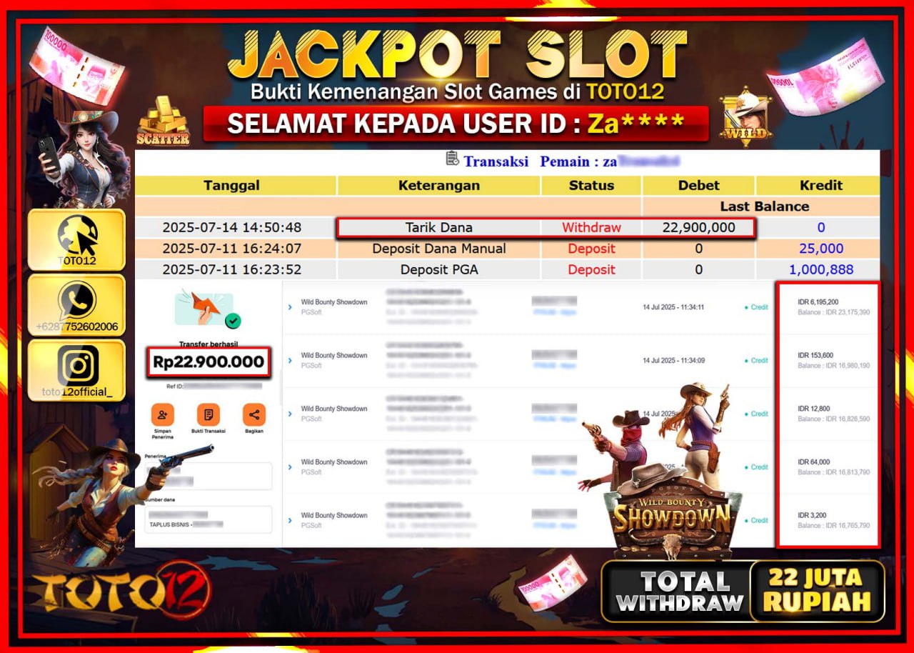 HANYA DI TOTO12 JP PASTI DI BAYAR LUNAS DAN CEPAT!!!!!! JACKPOT SLOT GAME (WILD BOUNTY SHOWDOWN) Rp.22.000.000 !!!!