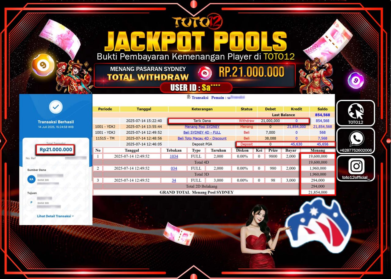 HANYA DI TOTO12 JP PASTI DI BAYAR LUNAS DAN CEPAT!!!!!! JACKPOT POOLS PASARAN (SDYNEY) Rp.21.000.000 !!!!