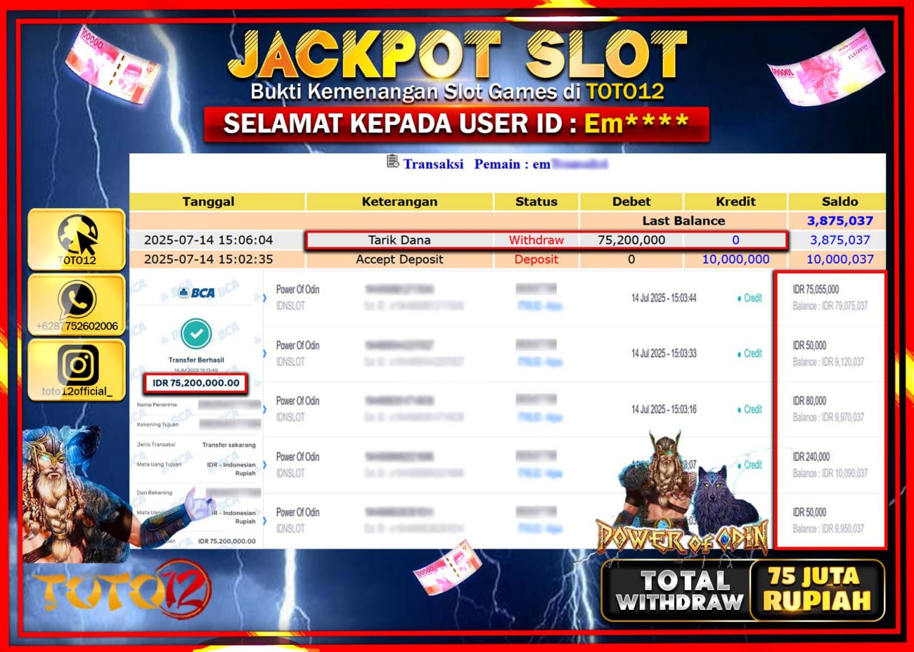 HANYA DI TOTO12 JP PASTI DI BAYAR LUNAS DAN CEPAT!!!!!! JACKPOT SLOT GAME (POWER OF ODIN) Rp.75.000.000 !!!!