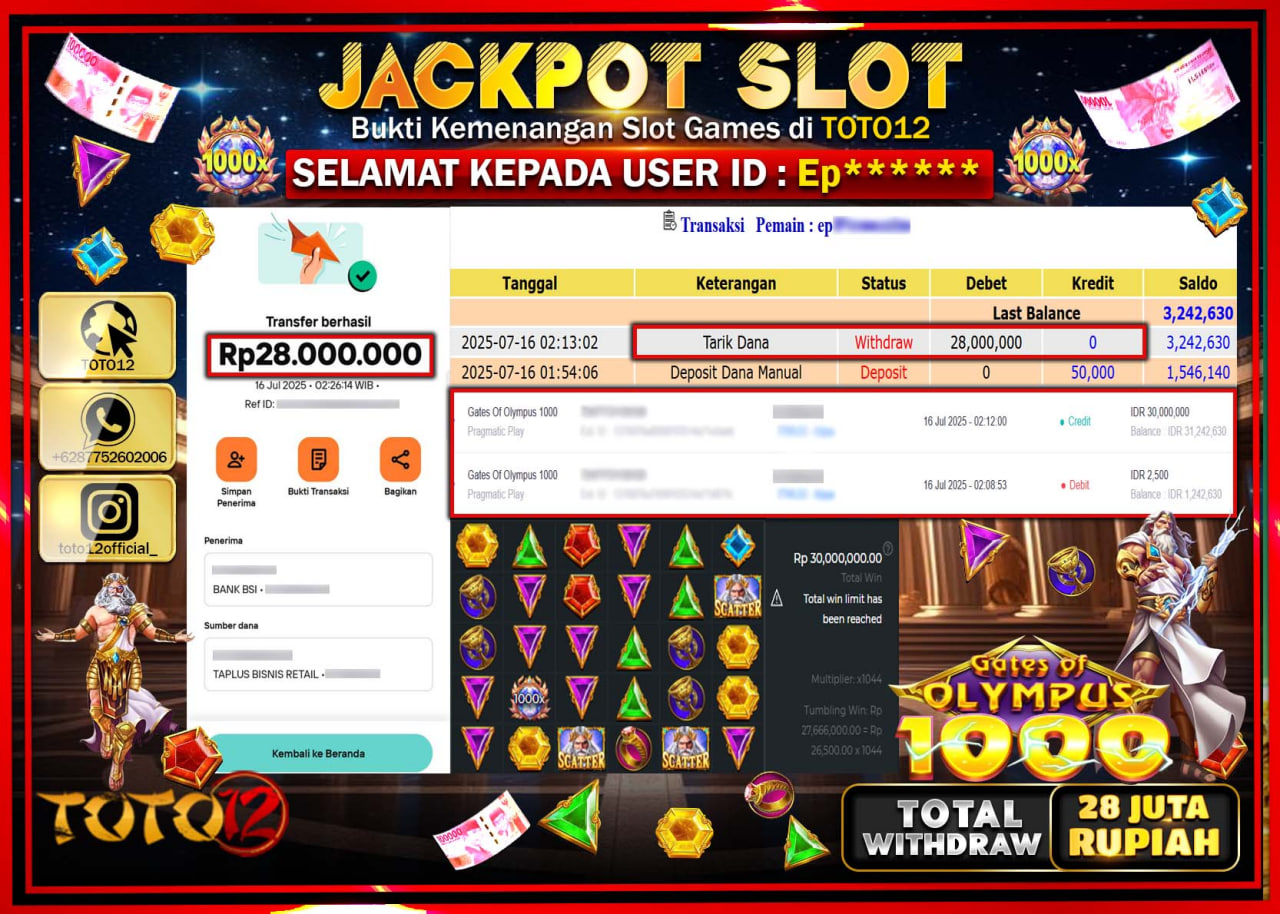 HANYA DI TOTO12 JP PASTI DI BAYAR LUNAS DAN CEPAT!!!!!! JACKPOT SLOT GAME (GATES OF OLYMPUS 1000) Rp.28.000.000 !!!!a