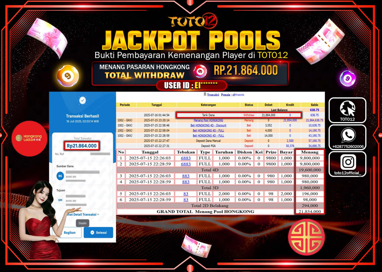 HANYA DI TOTO12 JP PASTI DI BAYAR LUNAS DAN CEPAT!!!!!! JACKPOT POOLS PASARAN (HONGKONG) Rp.21.864.000 !!!!