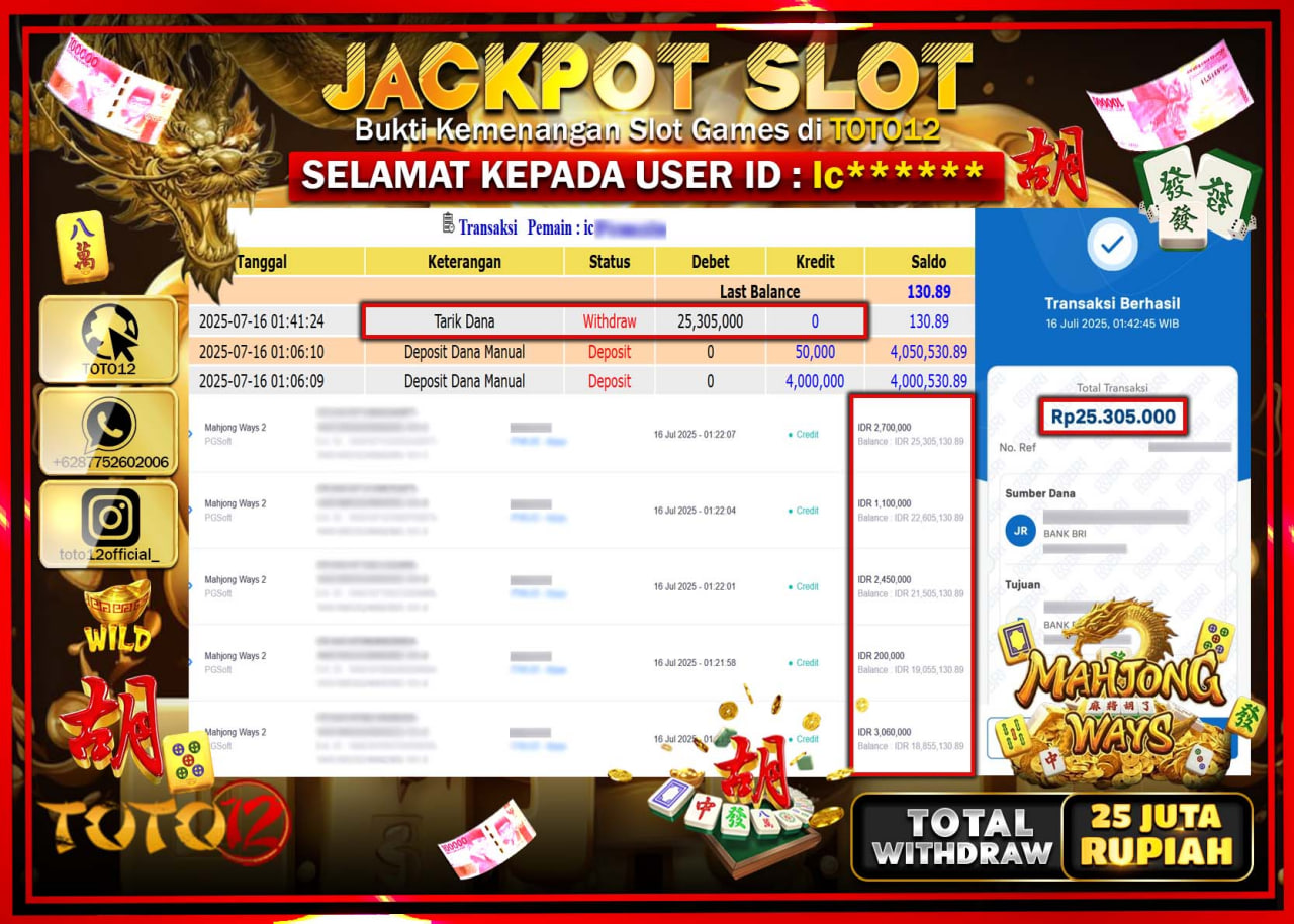 HANYA DI TOTO12 JP PASTI DI BAYAR LUNAS DAN CEPAT!!!!!! JACKPOT SLOT GAME (MAHJONG WAYS) Rp.25.000.000 !!!!