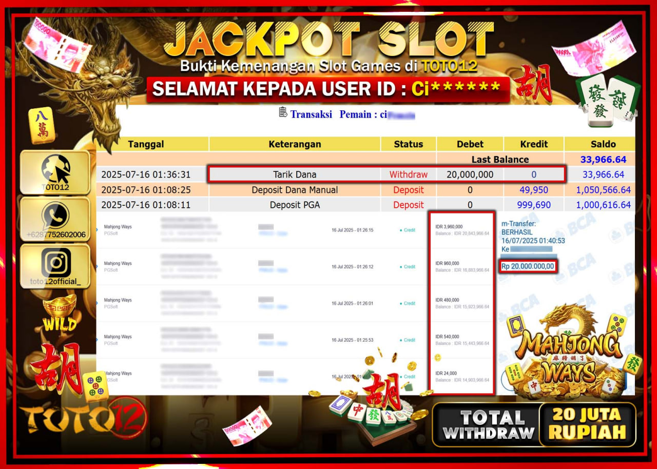 HANYA DI TOTO12 JP PASTI DI BAYAR LUNAS DAN CEPAT!!!!!! JACKPOT SLOT GAME (MAHJONG WAYS) Rp.20.000.000 !!!!