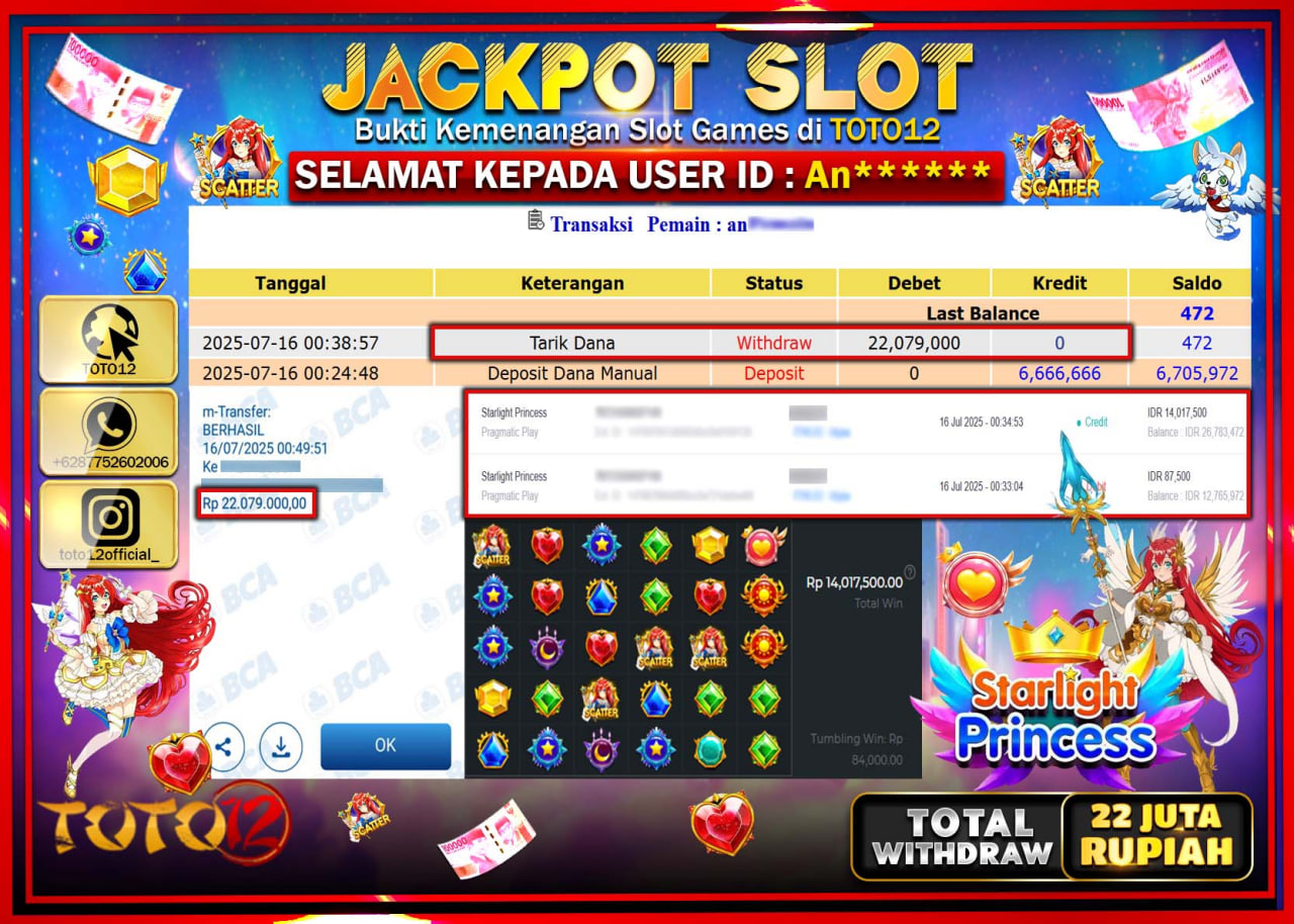 HANYA DI TOTO12 JP PASTI DI BAYAR LUNAS DAN CEPAT!!!!!! JACKPOT SLOT GAME (STARLIGHT PRINCESS) Rp.22.000.000 !!!!