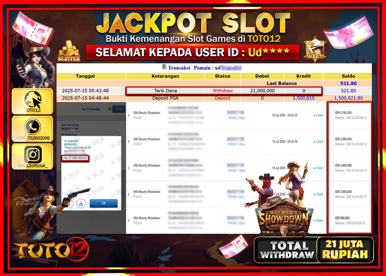 HANYA DI TOTO12 JP PASTI DI BAYAR LUNAS DAN CEPAT!!!!!! JACKPOT SLOT GAME (WILD BOUNTY SHOWDOWN) Rp.21.000.000 !!!!