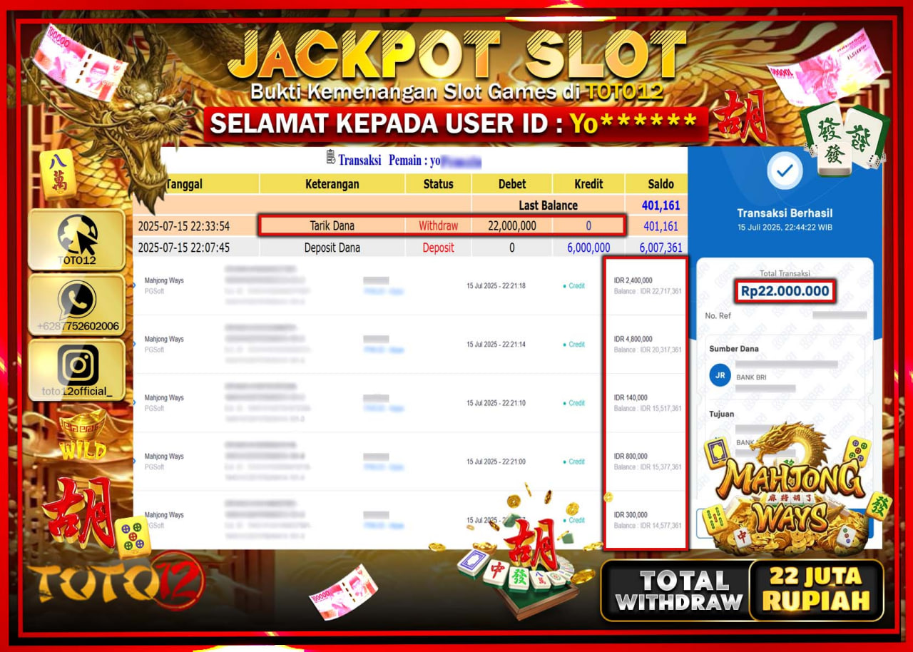 HANYA DI TOTO12 JP PASTI DI BAYAR LUNAS DAN CEPAT!!!!!! JACKPOT SLOT GAME (MAHJONG WAYS) Rp.22.000.000 !!!!