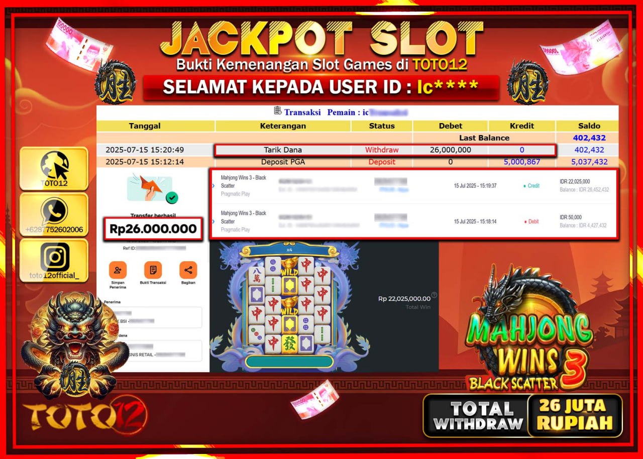 HANYA DI TOTO12 JP PASTI DI BAYAR LUNAS DAN CEPAT!!!!!! JACKPOT SLOT GAME (MAHJONG WINS 3 BLACK SCATTER) Rp.26.000.000 !!!!