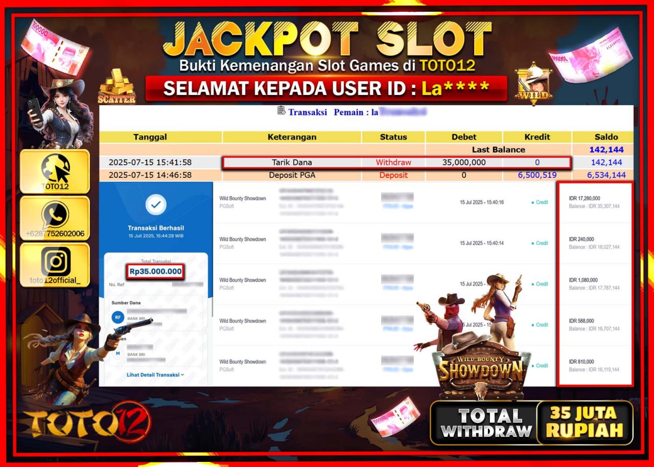 HANYA DI TOTO12 JP PASTI DI BAYAR LUNAS DAN CEPAT!!!!!! JACKPOT SLOT GAME (WILD BOUNTY SHOWDOWN) Rp.35.000.000 !!!!