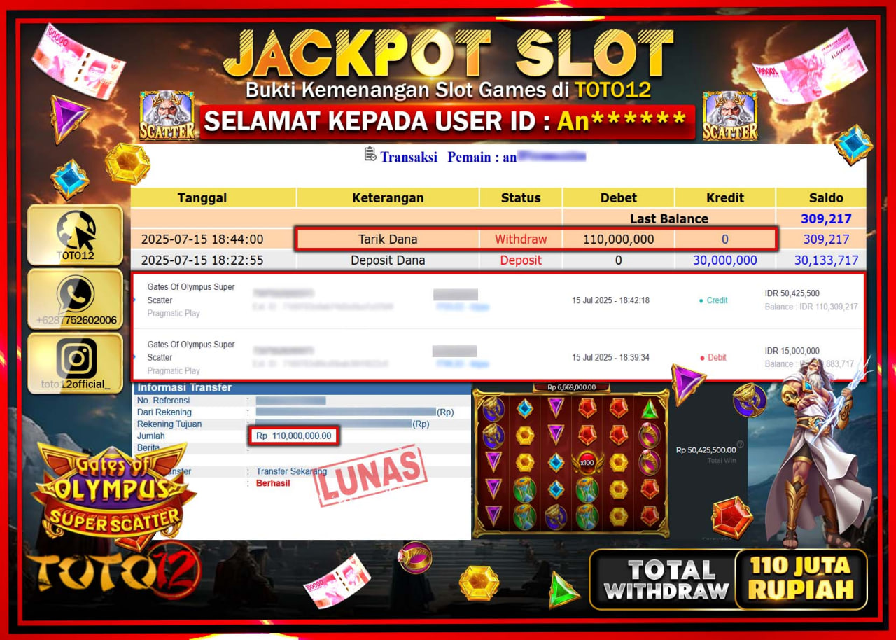 HANYA DI TOTO12 JP PASTI DI BAYAR LUNAS DAN CEPAT!!!!!! JACKPOT SLOT GAME (GATES OF OLYMPUS SUPER SCATTER) Rp.110.000.000 !!!!