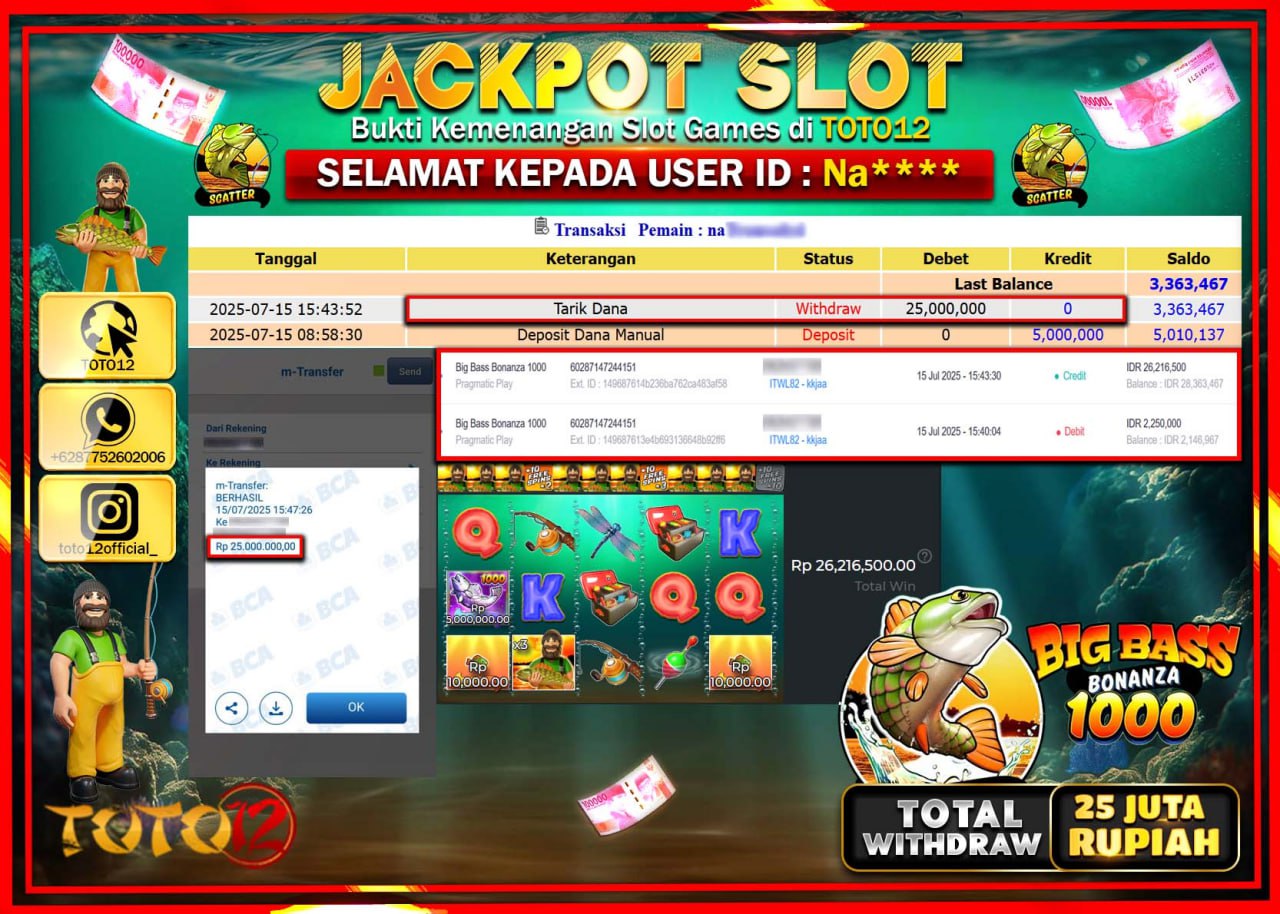 HANYA DI TOTO12 JP PASTI DI BAYAR LUNAS DAN CEPAT!!!!!! JACKPOT SLOT GAME (BIG BASS BONANZA 1000) Rp.25.000.000 !!!!