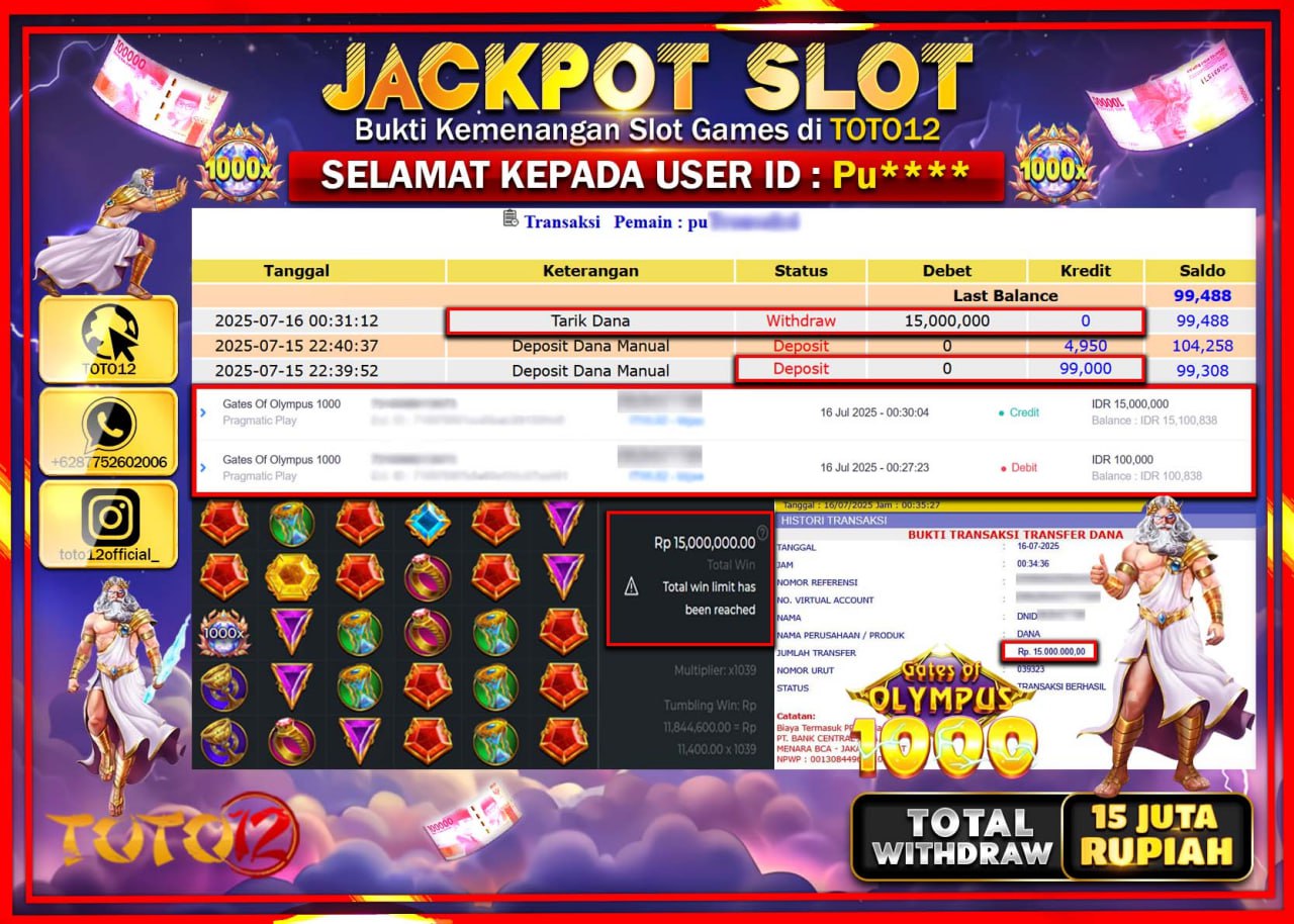 HANYA DI TOTO12 JP PASTI DI BAYAR LUNAS DAN CEPAT!!!!!! JACKPOT SLOT GAME (GATES OF OLYMPUS 1000) Rp.15.000.000 !!!!
