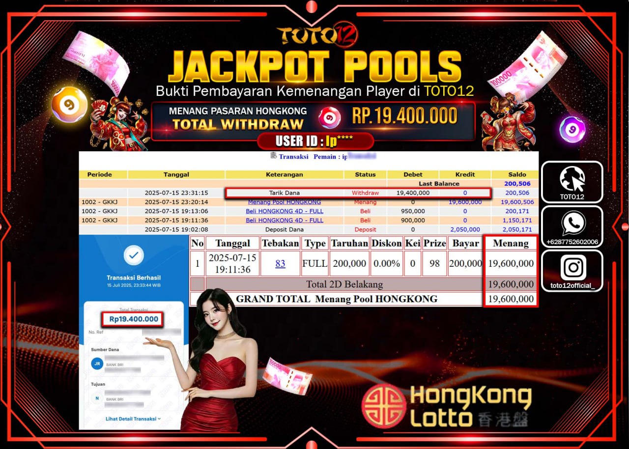HANYA DI TOTO12 JP PASTI DI BAYAR LUNAS DAN CEPAT!!!!!! JACKPOT POOLS PASARAN (HONGKONG) Rp.19.400.000 !!!!