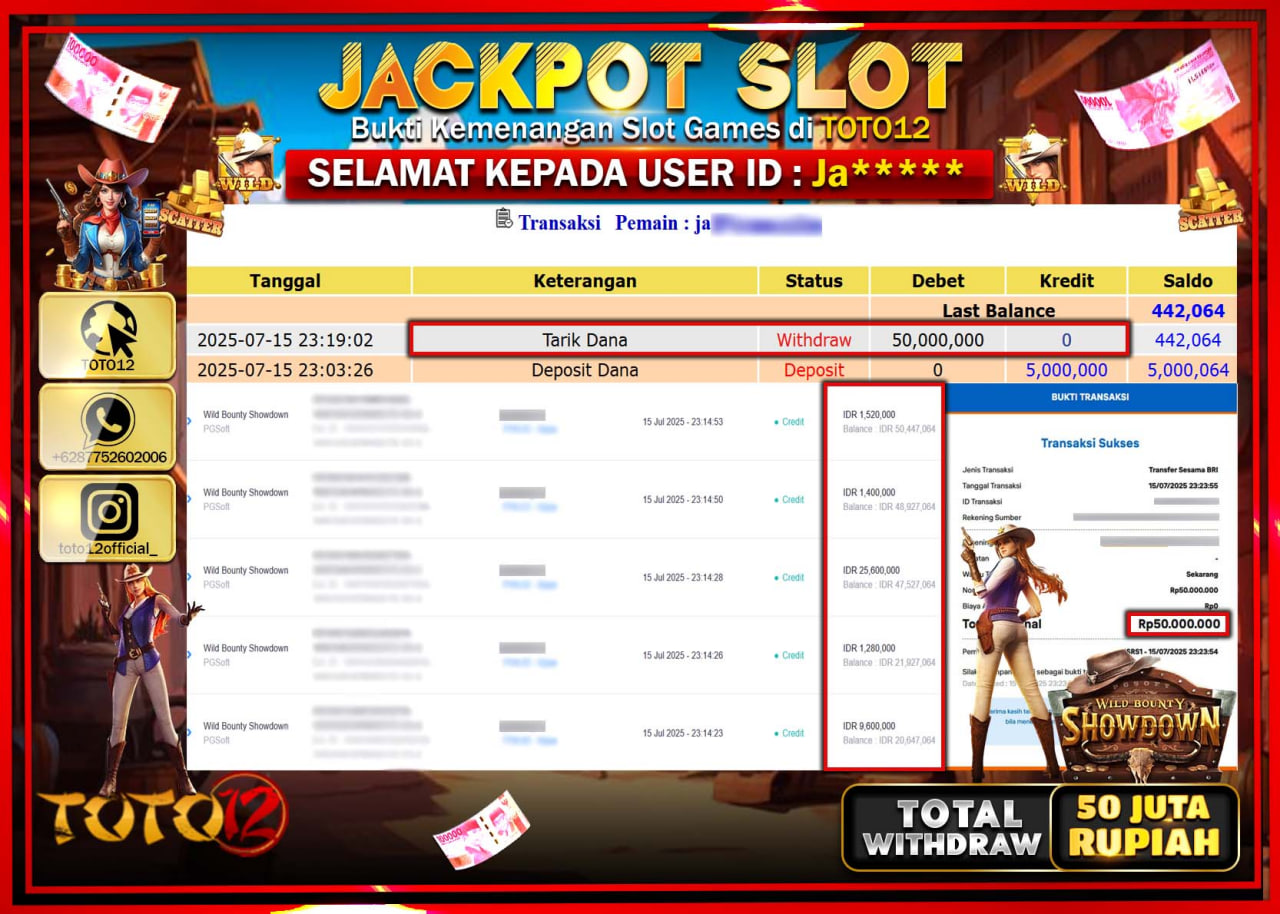 HANYA DI TOTO12 JP PASTI DI BAYAR LUNAS DAN CEPAT!!!!!! JACKPOT SLOT GAME (WILD BOUNTY SHOWDOWN) Rp.50.000.000 !!!!