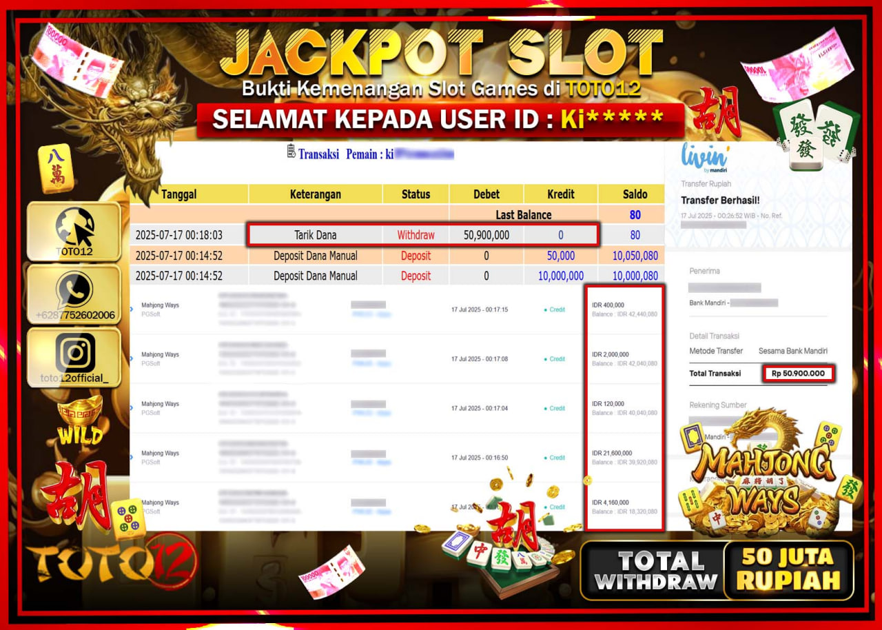 HANYA DI TOTO12 JP PASTI DI BAYAR LUNAS DAN CEPAT!!!!!! JACKPOT SLOT GAME (MAHJONG WAYS) Rp.50.000.000 !!!!
