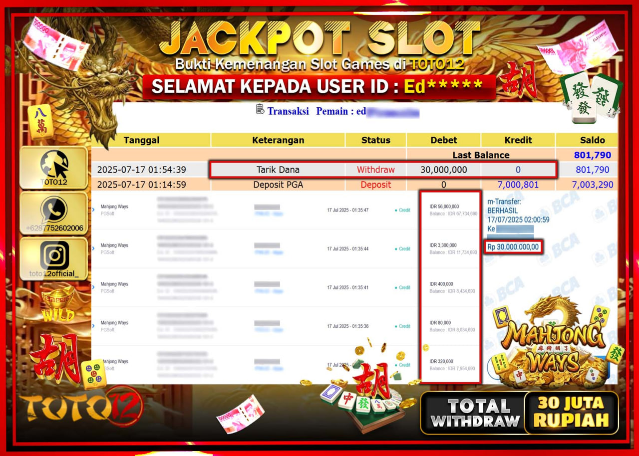 HANYA DI TOTO12 JP PASTI DI BAYAR LUNAS DAN CEPAT!!!!!! JACKPOT SLOT GAME (MAHJONG WAYS) Rp.30.000.000 !!!!