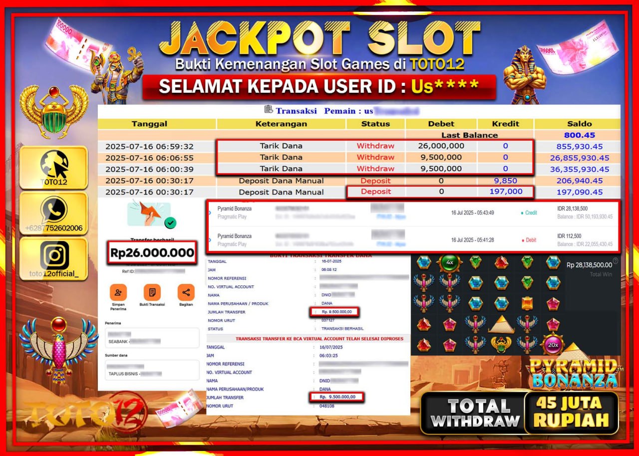HANYA DI TOTO12 JP PASTI DI BAYAR LUNAS DAN CEPAT!!!!!! JACKPOT SLOT GAME (PYRAMID BONANZA) Rp.45.000.000 !!!!