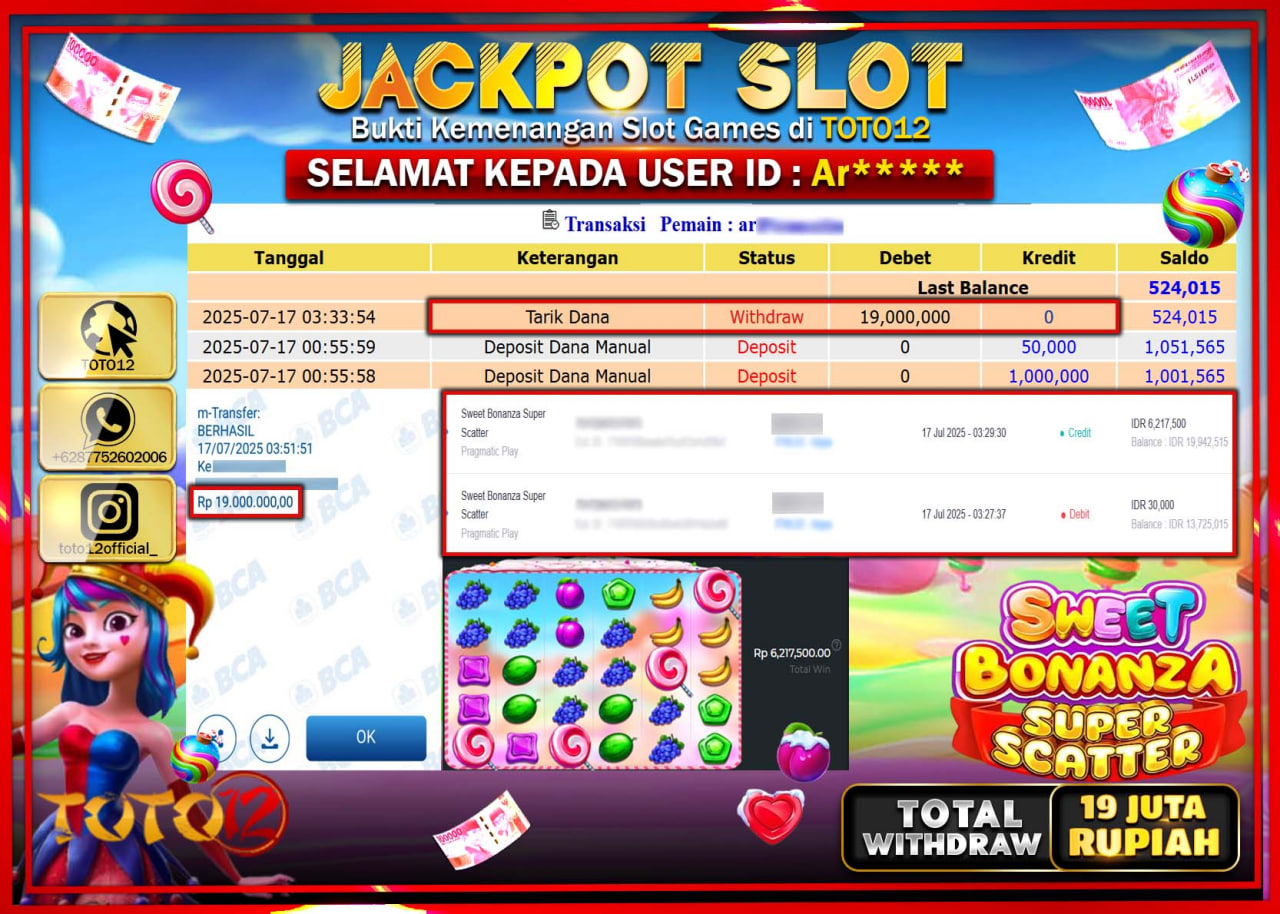 HANYA DI TOTO12 JP PASTI DI BAYAR LUNAS DAN CEPAT!!!!!! JACKPOT SLOT GAME (SWEET BONANZA SUPER SCATTER) Rp.19.000.000 !!!!