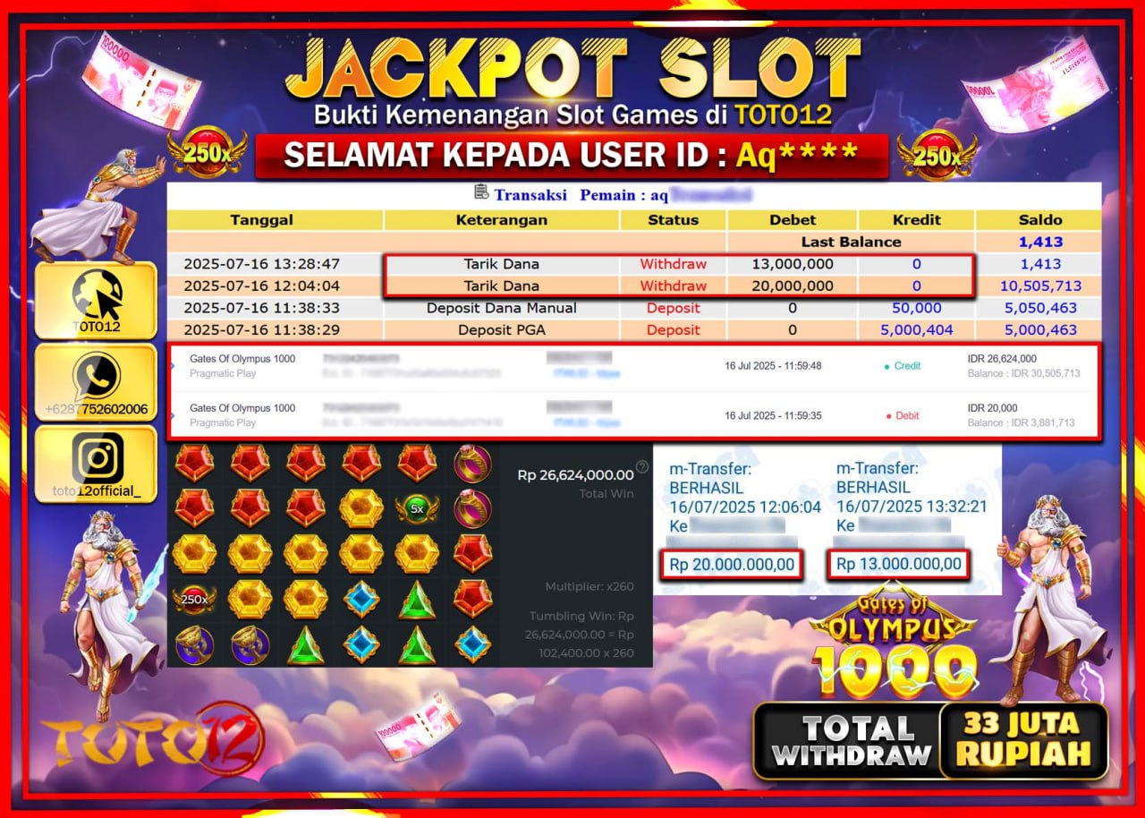 HANYA DI TOTO12 JP PASTI DI BAYAR LUNAS DAN CEPAT!!!!!! JACKPOT SLOT GAME (GATES OF OLYMPUS 1000) Rp.33.000.000 !!!!