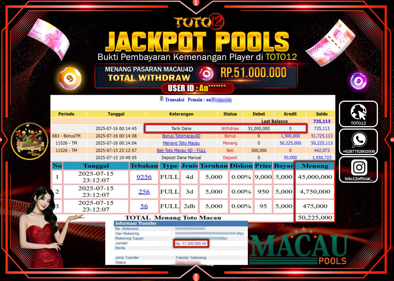 HANYA DI TOTO12 JP PASTI DI BAYAR LUNAS DAN CEPAT!!!!!! JACKPOT POOLS PASARAN (MACAU4D) Rp.51.000.000 !!!!