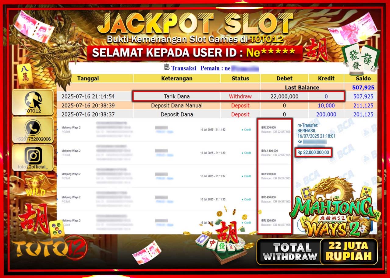 HANYA DI TOTO12 JP PASTI DI BAYAR LUNAS DAN CEPAT!!!!!! JACKPOT SLOT GAME (MAHJONG WAYS 2) Rp.22.000.000 !!!!